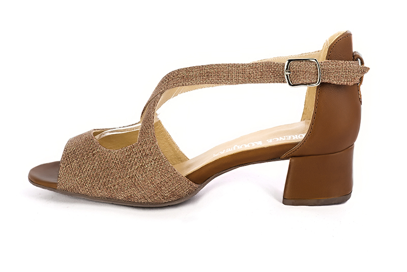 Caramel brown women's closed back sandals, with crossed straps. Round toe. Low flare heels. Profile view - Florence KOOIJMAN